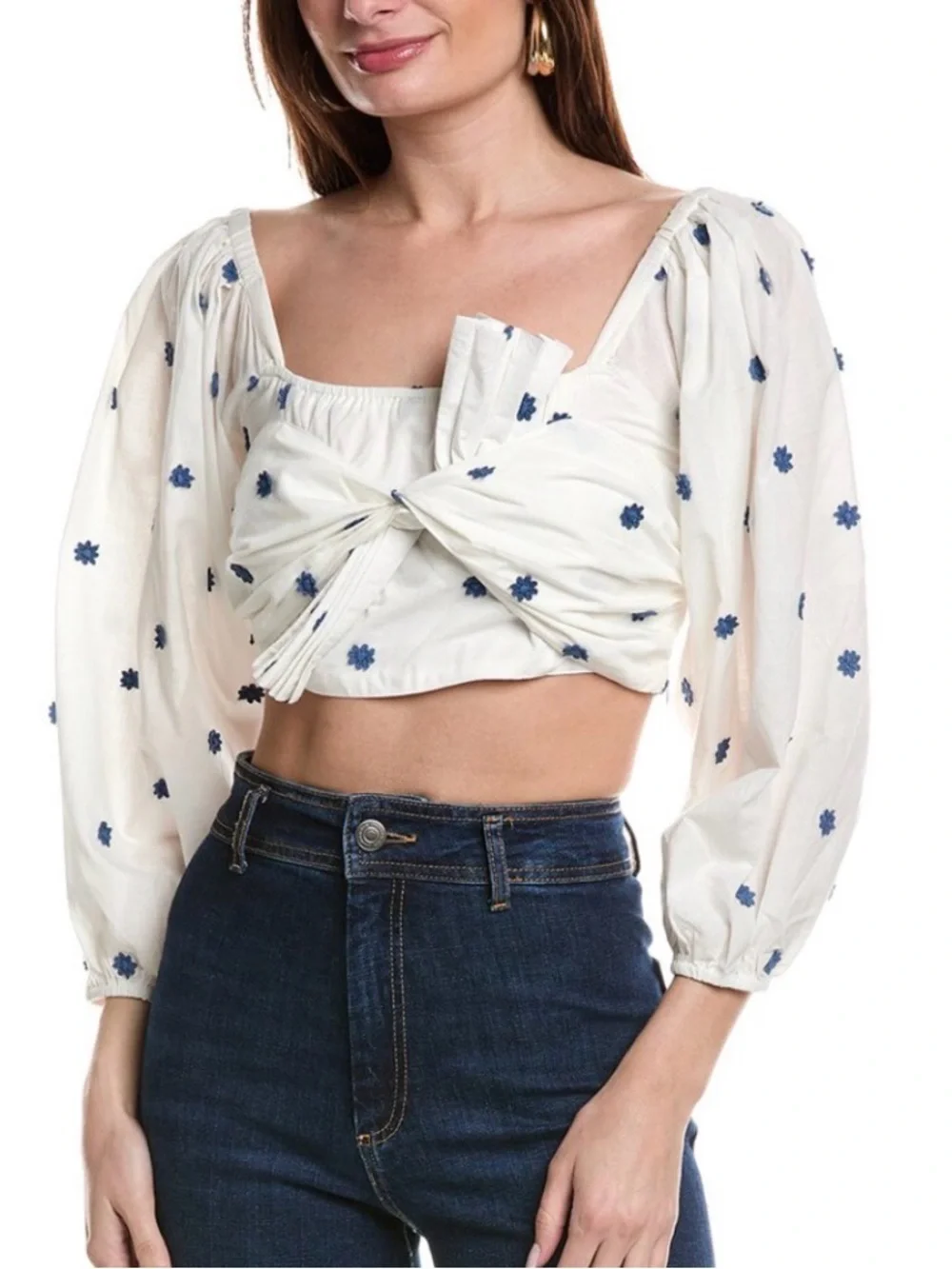 Farm Rio White Tie-Front Puff Sleeve crop Top with Blue Floral Embroidery